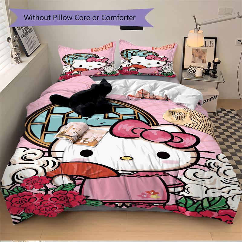 3pcs Ancient Style Hello Kitty Pattern Bedding Three-Piece Set (1 Cover + 2 Pillowcases, No Fillings), Soft and Comfortable W004