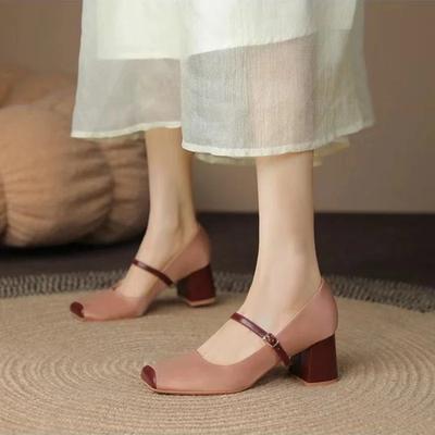 Women Spring Luxury Mary Jane Shoes Autumn Square Toe Shallow Ladies Elegant Dress Single Leather Shoes Square Heel Pump