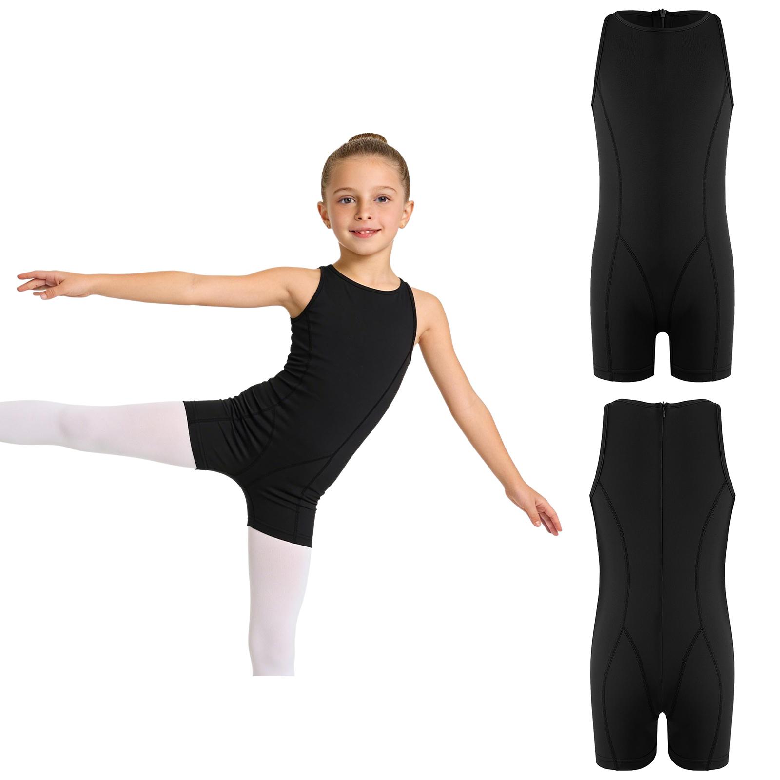

Kids Girls Gymnastics Dance Bodysuit Round Neck Sleeveless Back Invisible Zipper Thigh Length Jumpsuit for Practice Training 5-6 Years чёрный