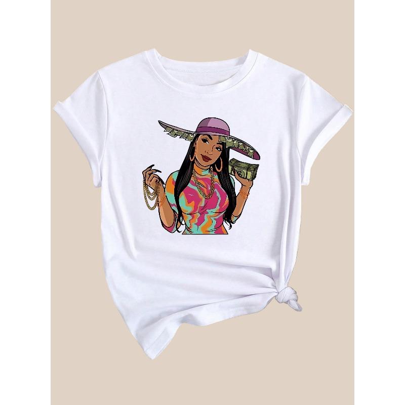 European Size Plus Size - Women'S Graphic T-Shirt - Bold Fashion Portrait with Sombrero & Money Design - White Tee for Everyday & Formal Outfits