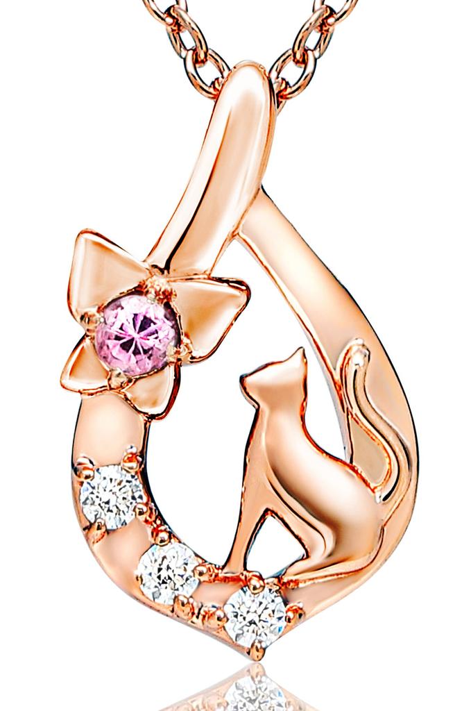 Natural Stone Silver SV925 Cat Butterfly Necklace Ladies Pink [Petit Chaton] (1-02 Gold-Pink Tourmaline)