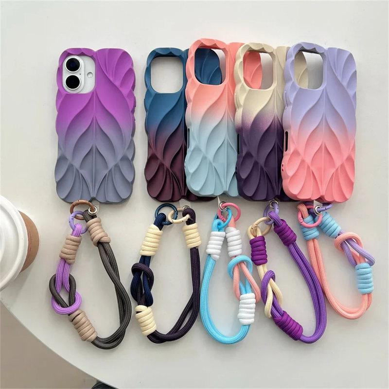 Gradient Pleated Leaf Texture Phone Case with Wrist Strap for iPhone 16 Pro Max 15 14 Plus 13 Shockproof Protectiv Back Cover