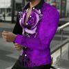 Men Collared Shirt Black Purple Two Tone Big Rose Floral Print Long Sleeve Button Down Top