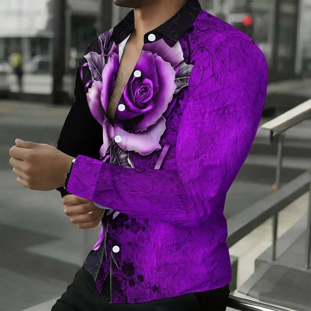 Men Collared Shirt Black Purple Two Tone Big Rose Floral Print Long Sleeve Button Down Top