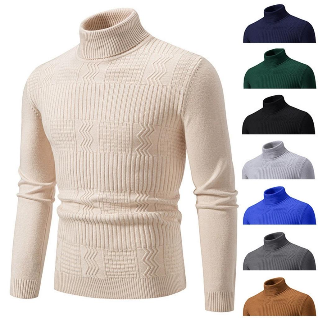 Men's Casual Solid-color High-collar Knitted Sweater, Men's Warm Base Layer Pullover Sweater