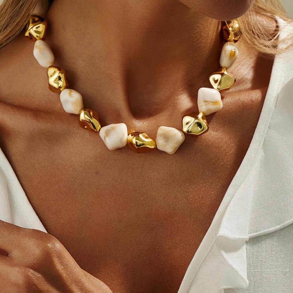 Salircon Boho Resin Acrylic Metal Beaded Necklaces Bracelets Set for Women Vintage Elegant Clavicle Choker Party Jewelry Gifts