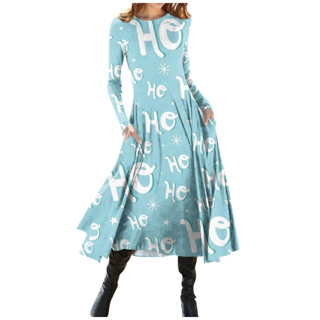 Women's Fashion Casual Christmas Printed Round Neck Pullover Slim Fitting Long Sleeve Dress