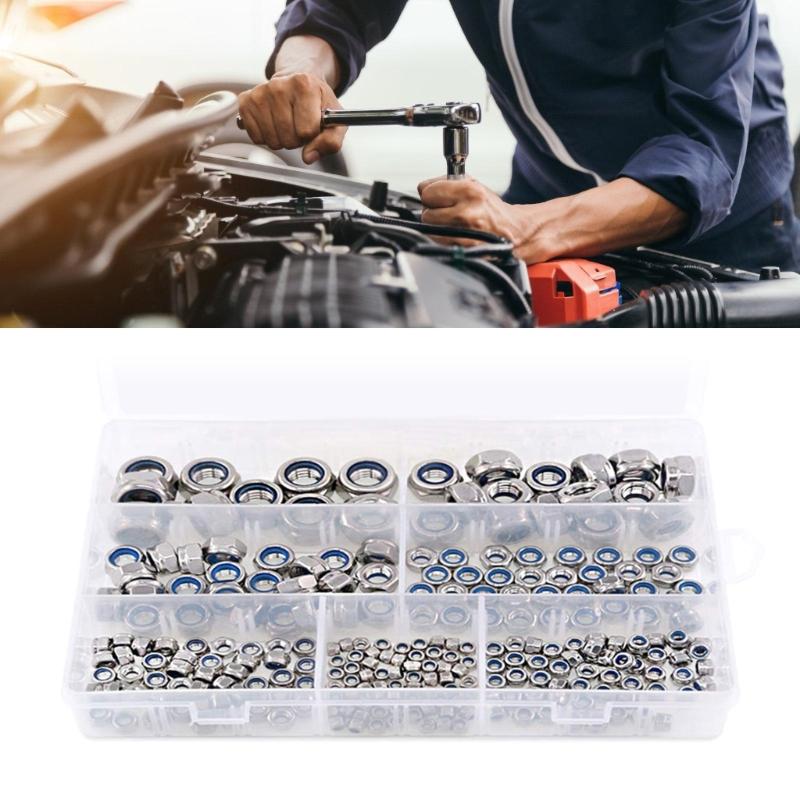 250Pcs Nylon Lock Nut 3/4/5/6/8/10/12mm Nylon Insert Nut Stainless Steel Hexagon Self Locking Nut Assortment Kits