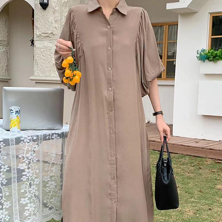 Solid Color Single Breasted Lapel Half Bubble Sleeve Long Dress For Women's Loose Clothes  Spring Summer Shirt Dress