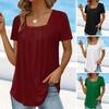 Summer Casual T-shirt Square Collar Short Sleeve Pleated Tee Shirt Solid Color Loose Fit A-Line Home Date Office Tops