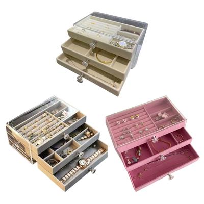 Schmuckorganizer aus Kunststoff-Samt, 3 Schubladen, stapelbare Vitrine für Ohrringe, Halsketten, Armbänder, Zubehörhalter
