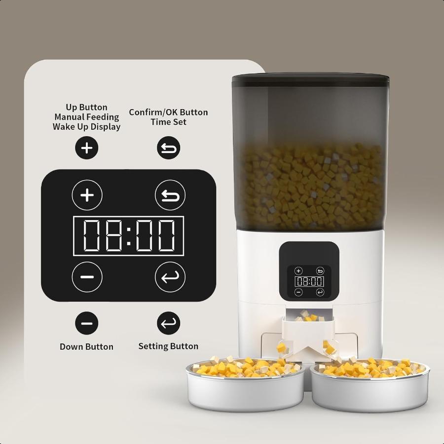 7L Automatic Cat Feeder for 2 Cats 2Way Splitter Timed Cat Dry Food Dispenser with 2 Bowls Programmable Control 112 Meals Dual