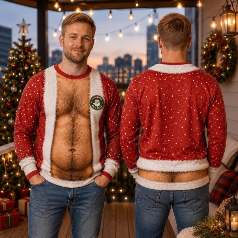 New Santa Hairy Chest Tattoo Illusion Christmas Sweatshirt Novelty Fake Suit Graphic Pullover Unisex Funny Party Tops
