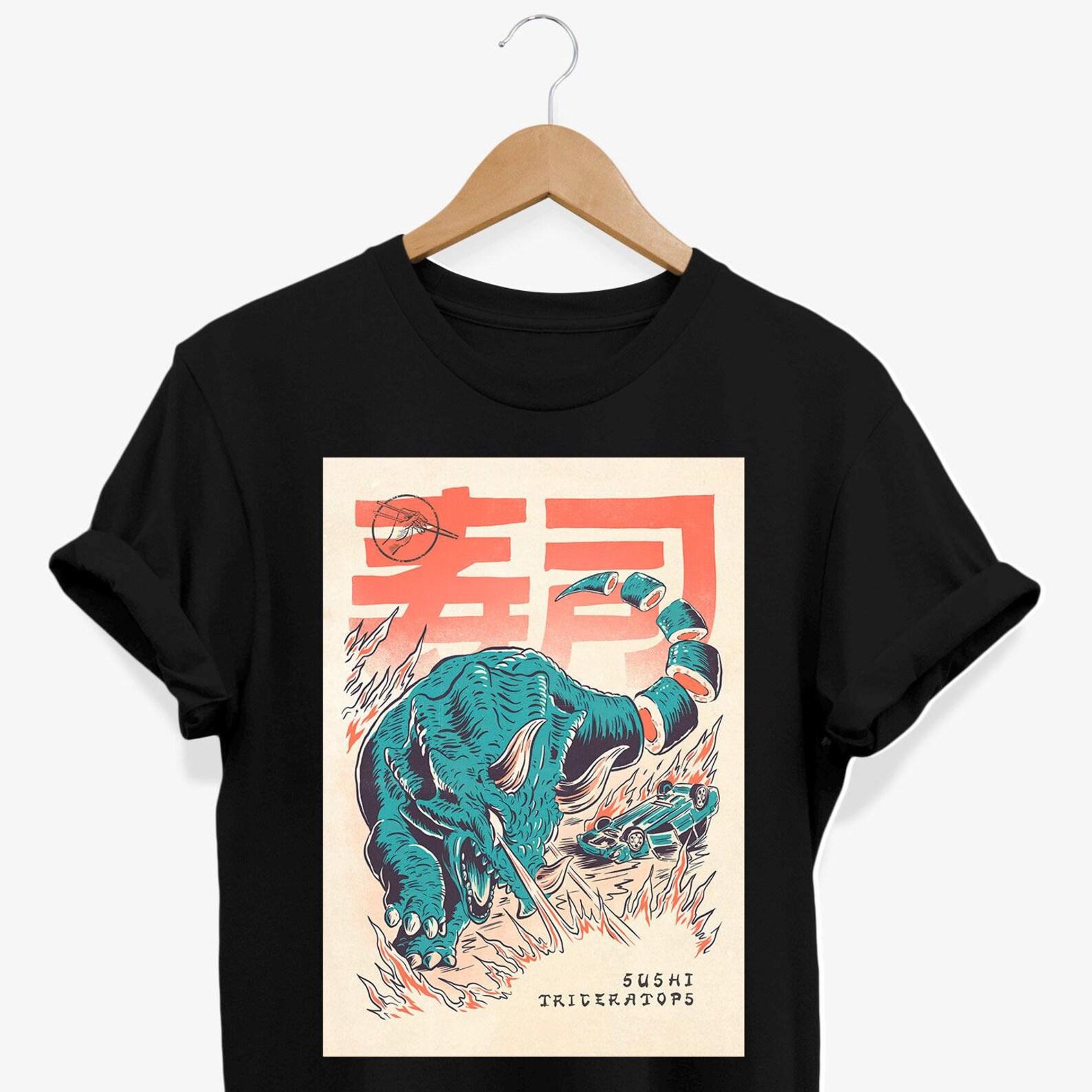 Sushi Kaiju Triceratops T-Shirt: Retro Japanese Monster Art 2XL