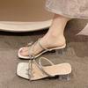 Thick-heeled slippers summer wear new French fairy style bow rhinestone temperament high-heeled crystal sandals