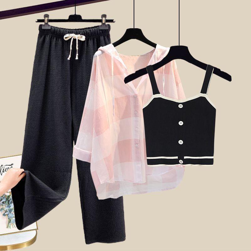 Knitted Suspender Vest Plaid Panel Sunscreen Chiffon Shirt Wide Leg Pants Three-piece Elegant Women Pants Set Summer Outfits