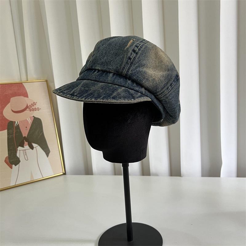 Denim octagonal newsboy hat children's new big head circumference shows the face small sunshade painter duck tongue cloud beret