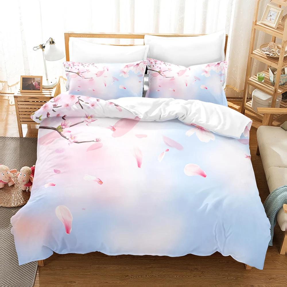 

Pale Pink Duvet Cover Set, Sakura Branch With Cherry Flowers Tender Japanese Spring, Decorative Bedding Set King Size, Green EU single(135x200cm)