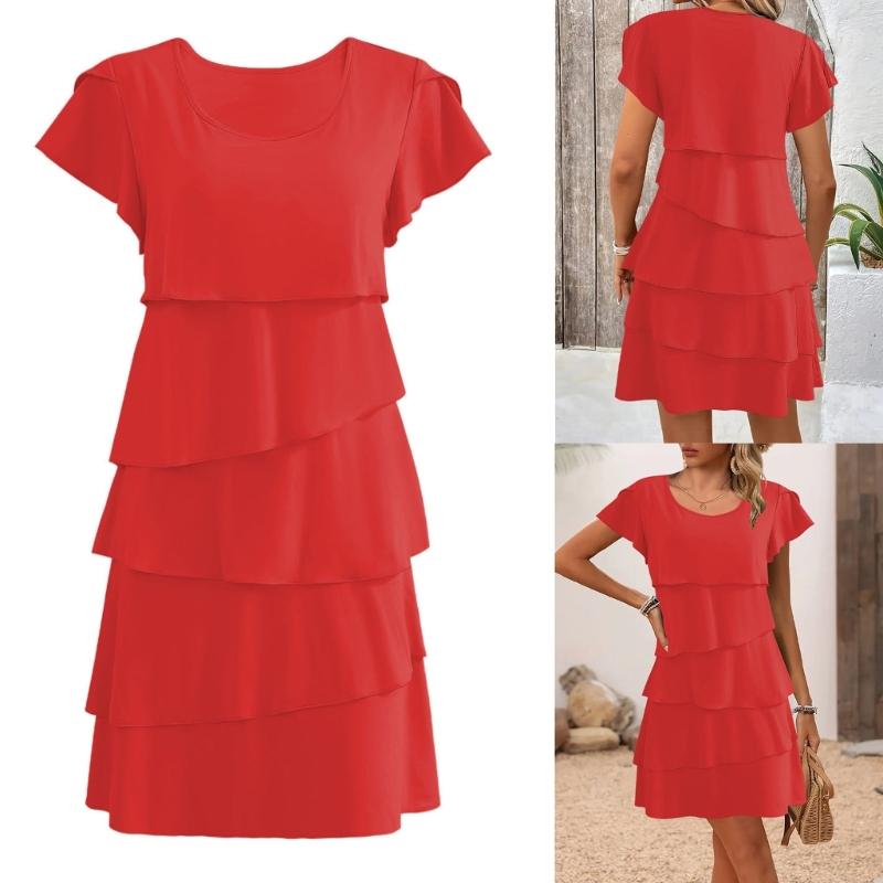 Women's Short Sleeve Crew Neck Ruffle Tiered Layered Flowys Swing Long Midi Dress Summer Dresses Casual Loose Dresses