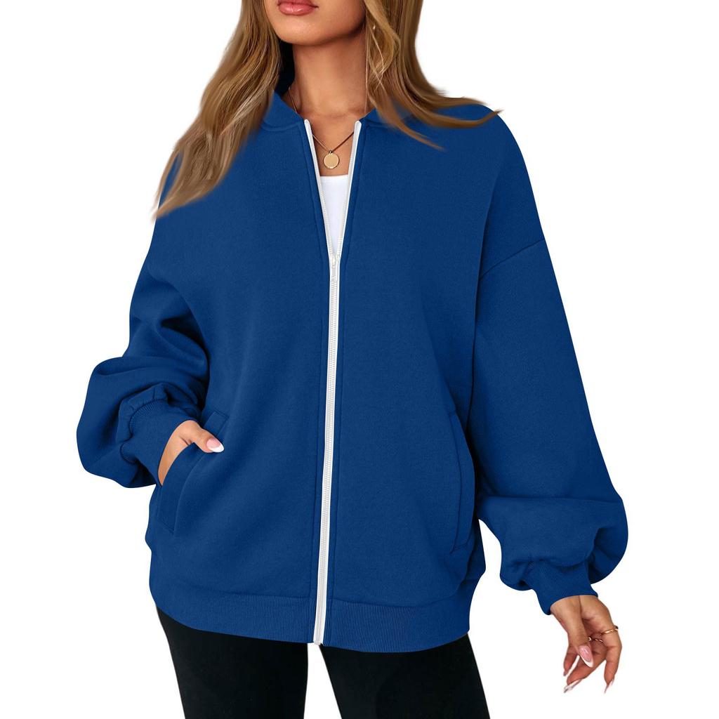 Women's Fashion Long Sleeve Color V-Neck Loose Oversize Zipper Jacket
