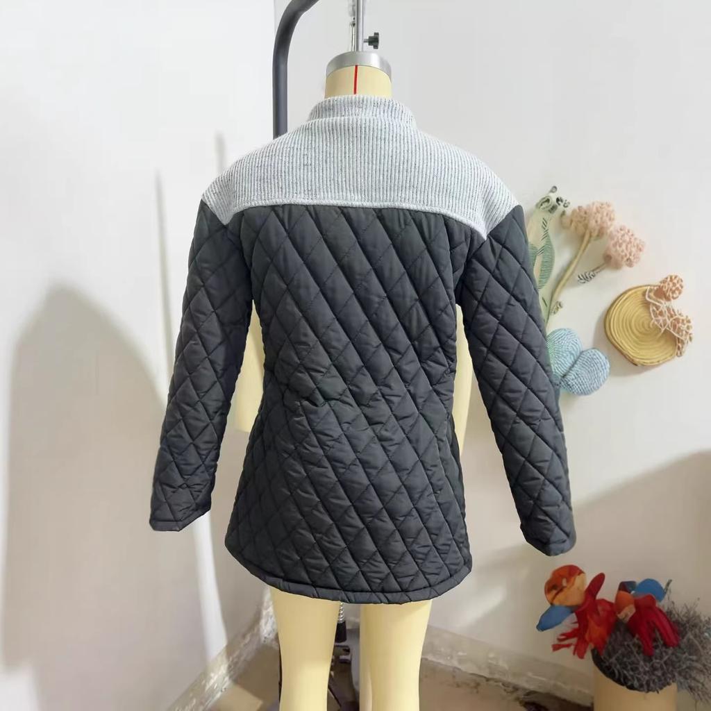 Women's Round Neck Long Sleeve Quilted Jacket Loose Fit Casual Patchwork Color Block Coat
