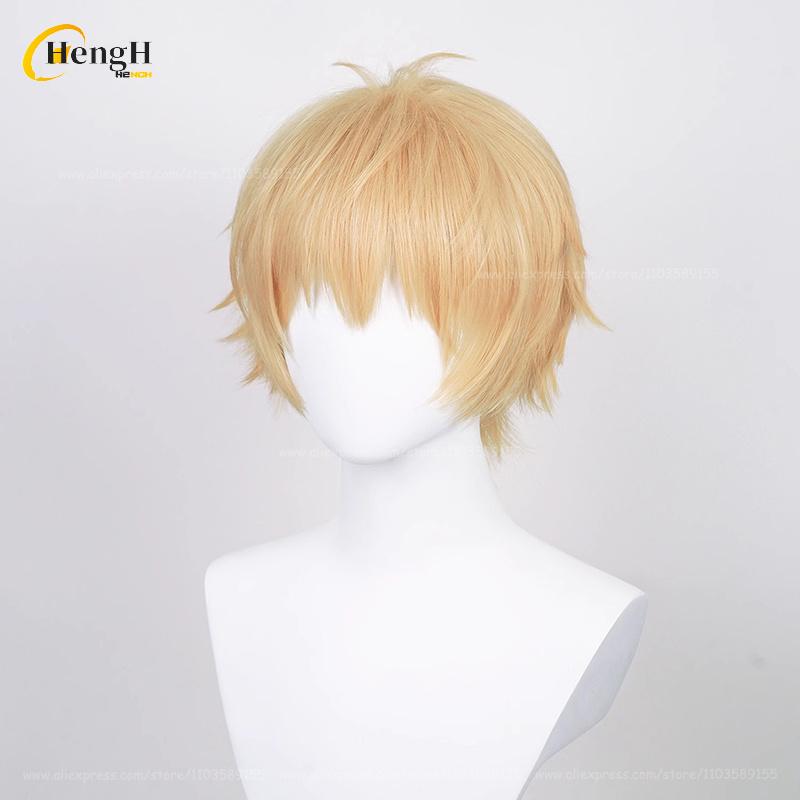 Skladem Anime Denji Syntetické Vlasy Krátké 30cm Světle Oranžovo-Zlatá Paruka A Vlasový Pramen Tepelně Odolné Vlasy Halloweenská Párty Paruky +Síťka na Paruku