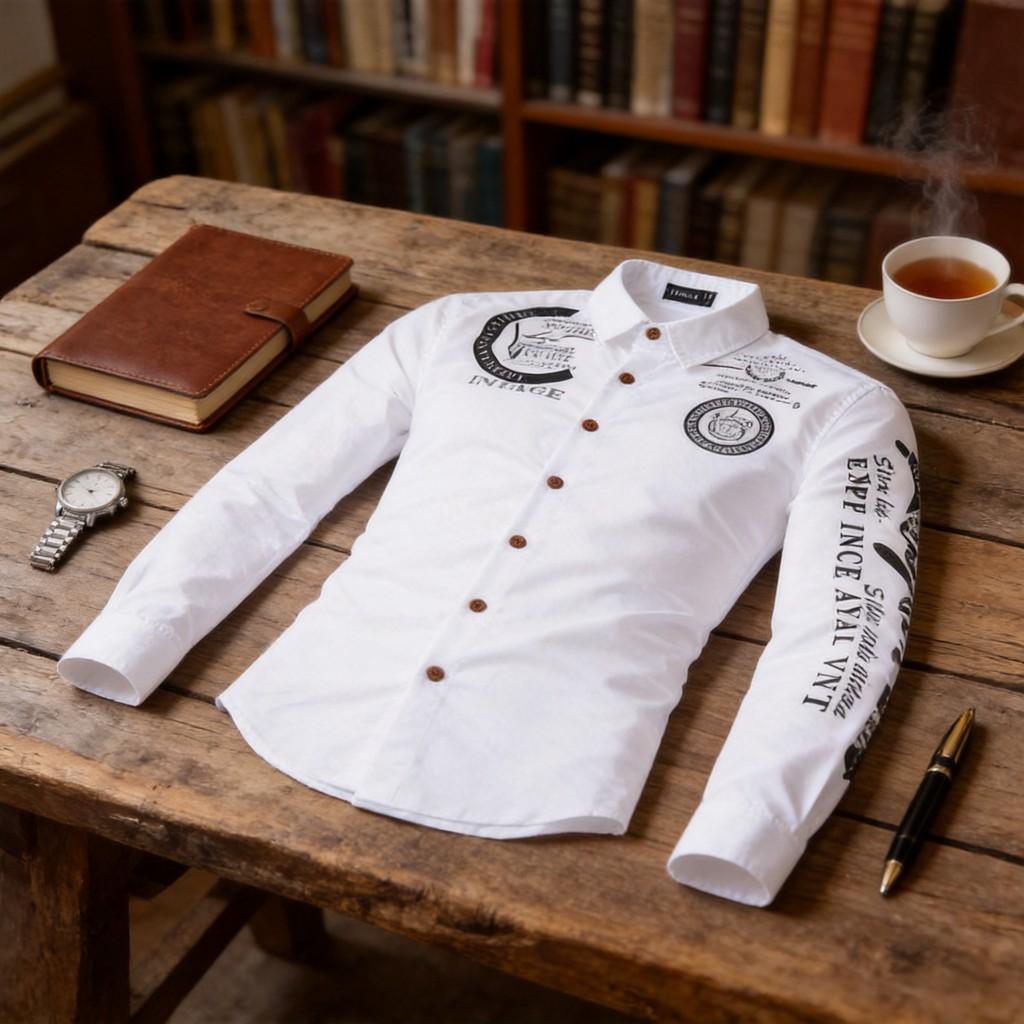 Mens Casual Long Sleeve Shirt With Print Collar And Button Closure