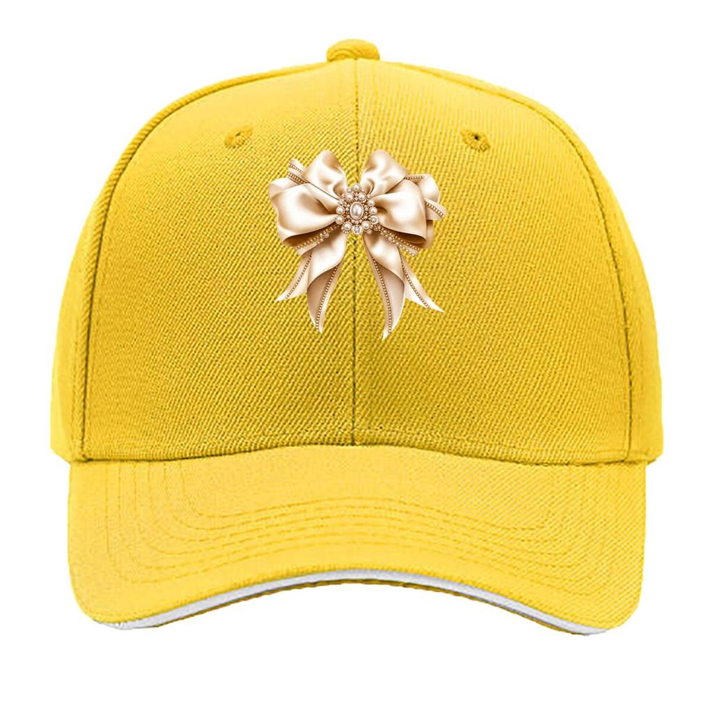 Champagne Satin Bow Pearl Rhinestone Coquette Ribbon Graphic Sandwich Baseball Cap Sun Cap Outdoor Workouts Hat