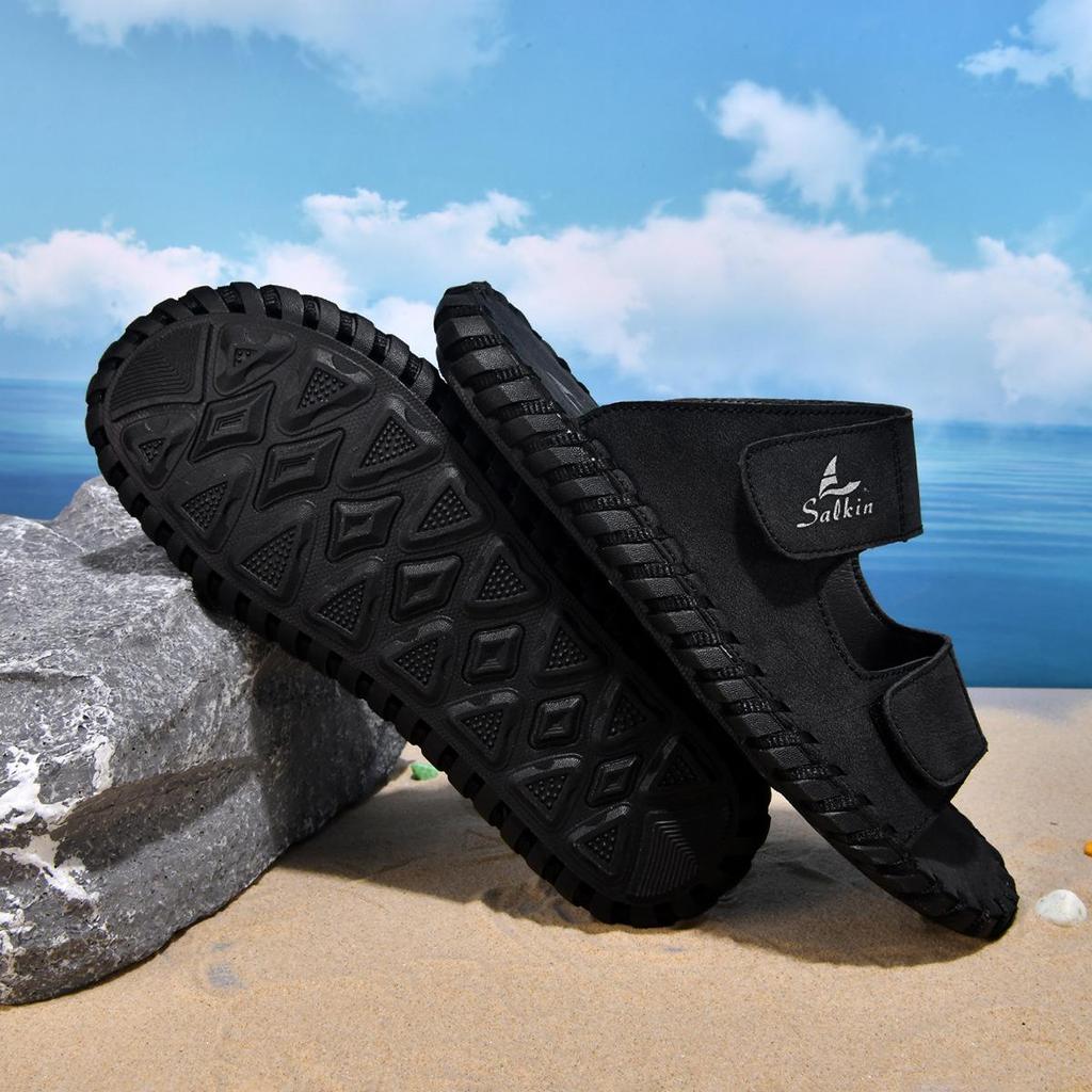 Summer 2026 Men's Large Leather Outdoor Beach Slippers, Size 48