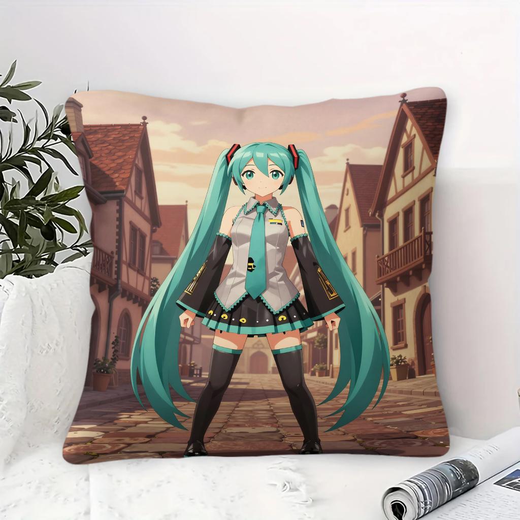 Hatsune Miku Santorini Sunset Throw Pillow With Core Anime Girl Cushion For Gaming Room Teens Room Sofa Bedroom Decor Fans Gift