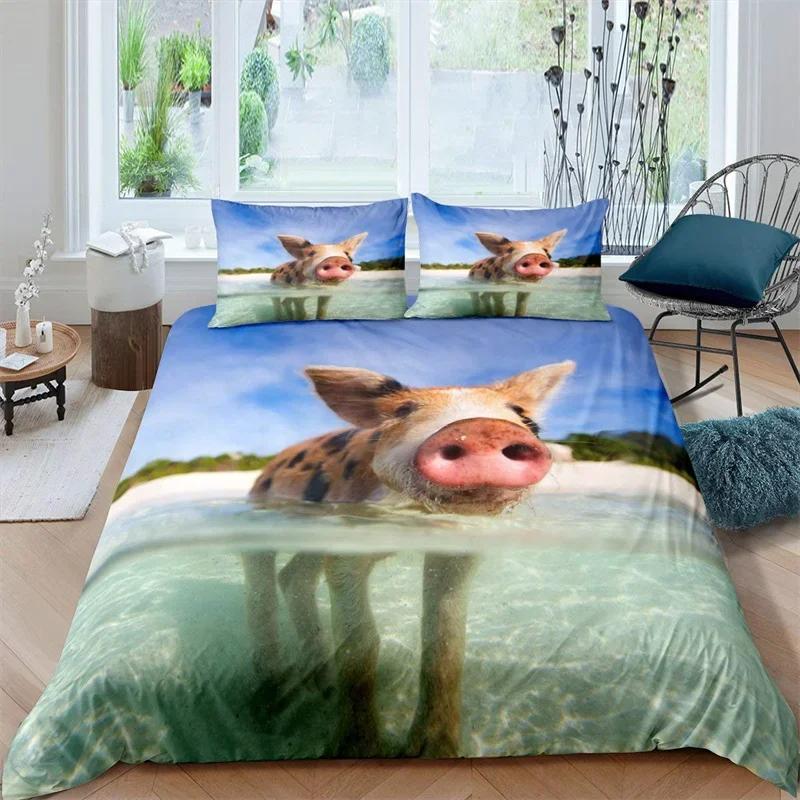 Farm Animal Duvet Cover Kawaii Pig Bedding Set Polyester Pigs Floral Comforter Cover Twin King For Teen Boy Girl Gift Room Decor