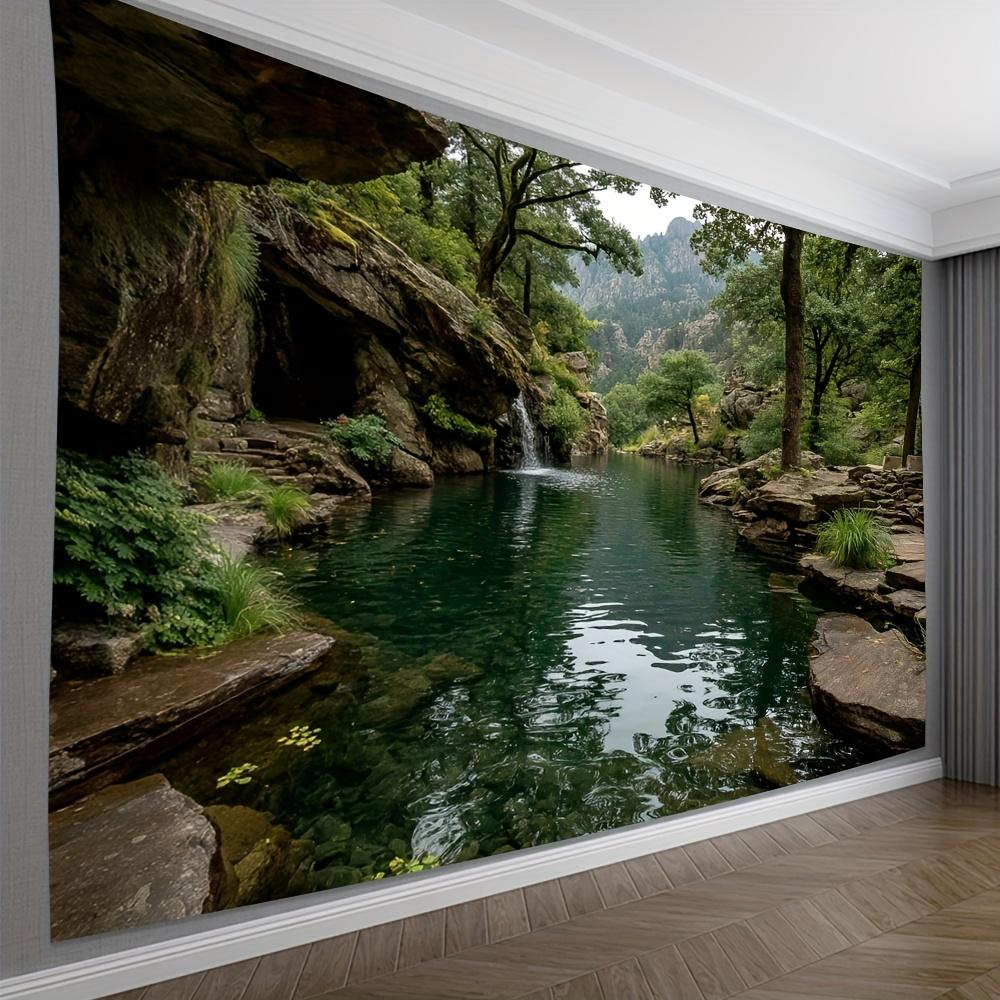 Cave Stream Tapestry, Hidden Waterfall In Rocky Gorge With Clear Water, Nature Scenery Wall Art For Living Room Bedroom Decor