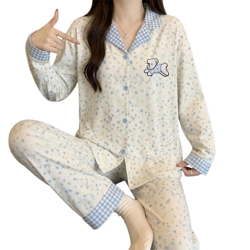Spring and Autumn New Imitation Cotton Pajamas Women's High-end Plaid Long-sleeved Cartoon Embroidered Loungewear Two-piece Set