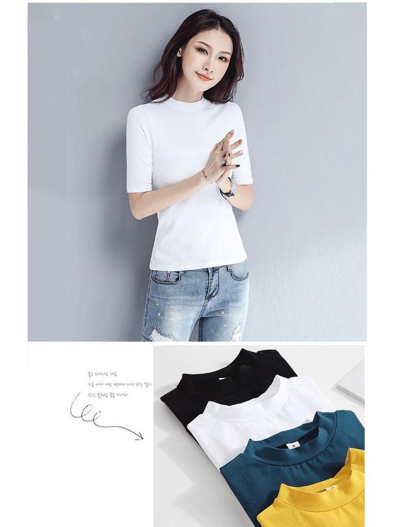 Women's Slimming Fitted T-Shirt: Round, V-Neck, or Mock Neck; Short or Three-Quarter Sleeves; Semi-High Neck Basic Top.