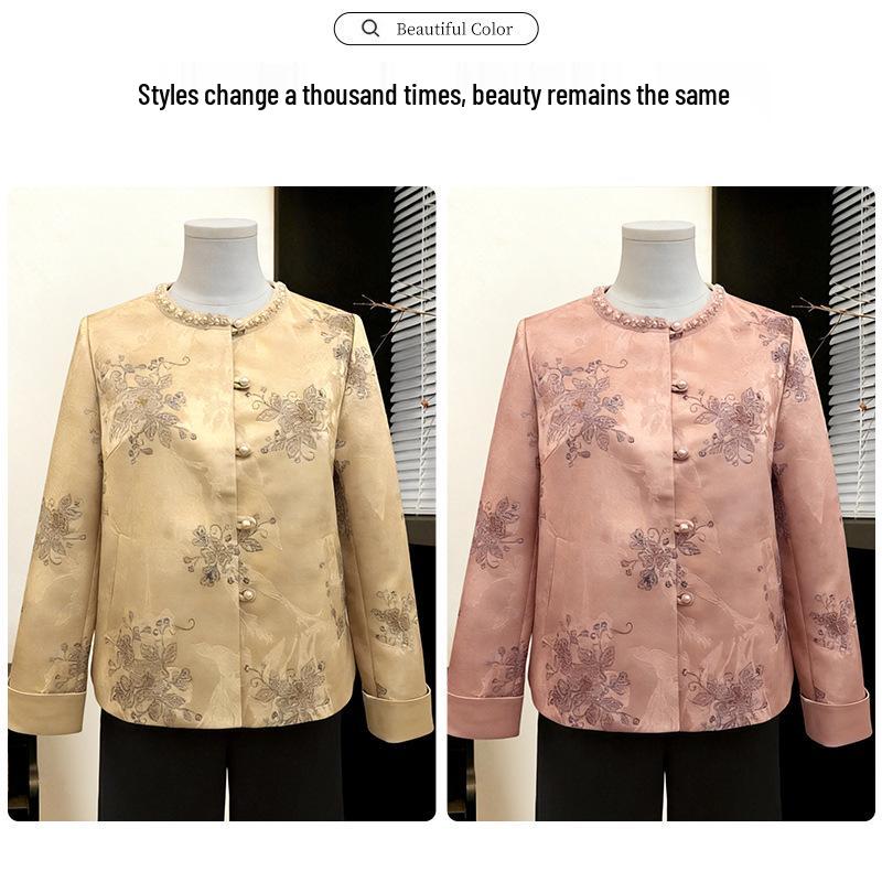 2026 Spring Women's Embroidered Jacket: New Chinese Style, Round Neck, Pearl Button, Short Stylish Top for Mother's Day