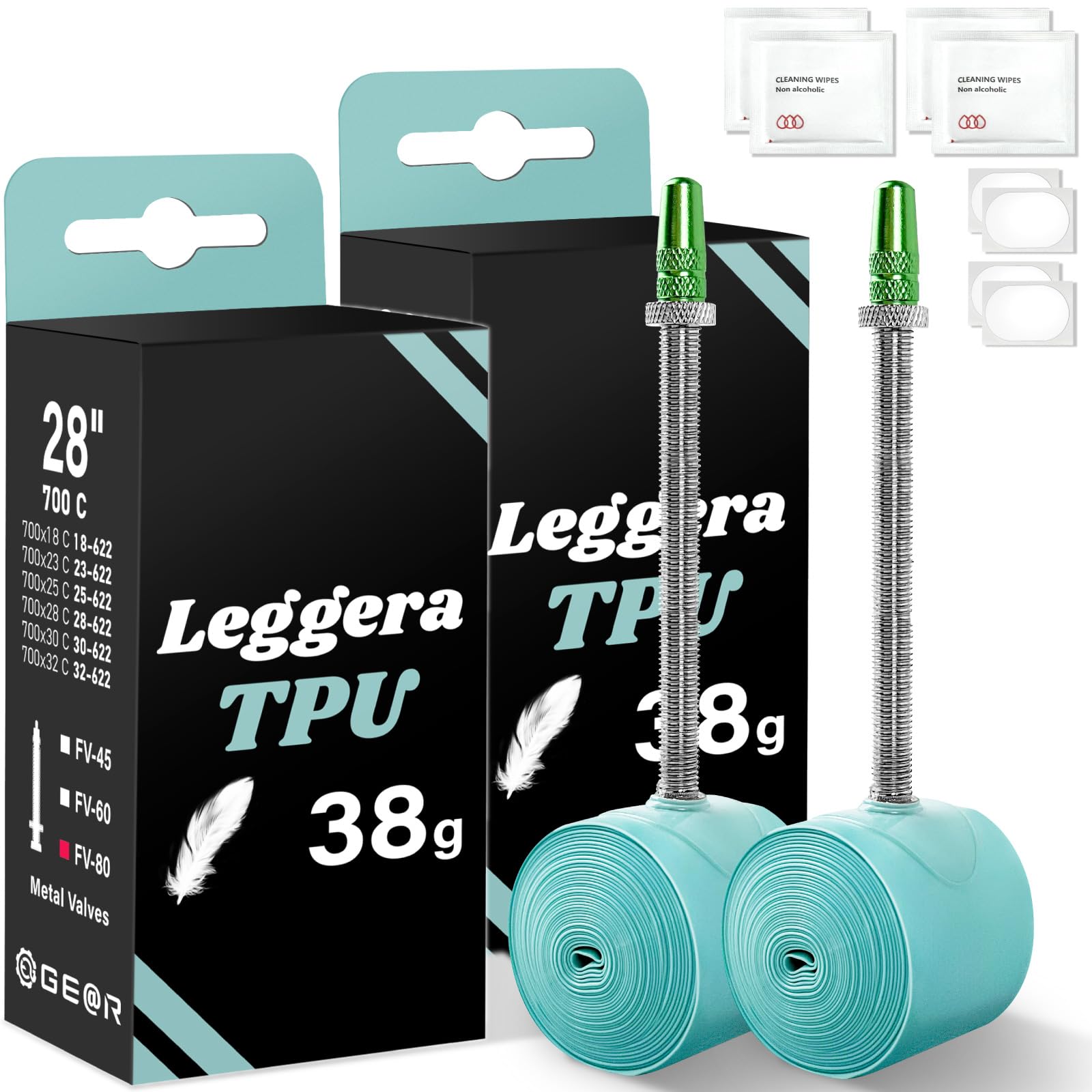 

GEARTL TPU Regera Inner 700 x for Road with Aluminum Presta of 2 80mm Inner Ultra-Lightweight Tubes, 18-32C, Bikes, Valves, 45/60/80mm (Set Tubes) мятный