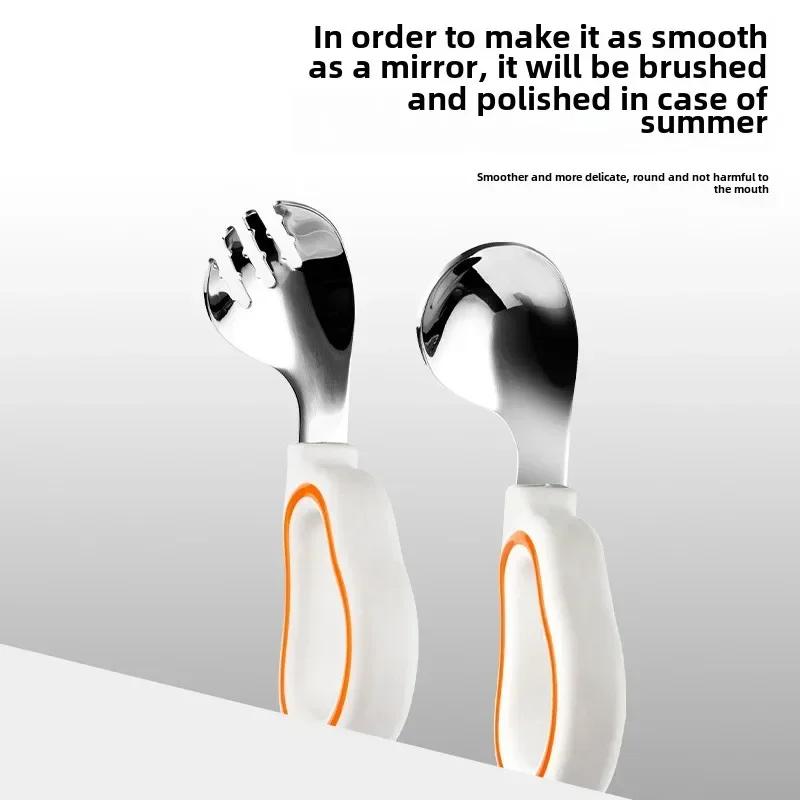 1 STÜCK Baby Esslernen Weiche Silikon Gabel Löffel Kurzer Griff Baby Leicht zu Greifen 316 Edelstahl Gabel Löffel