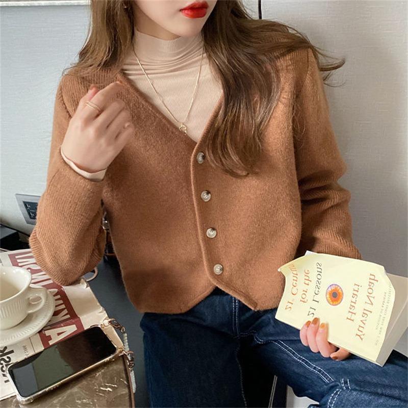 Autumn and Winter V-neck Solid Color Knitted Cardigan Top Women's Loose Lazy Style Sweater Jacket Versatile Commuter Style