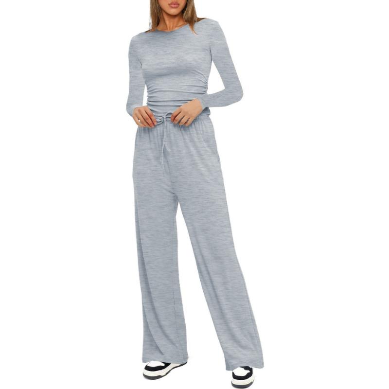 Autumn Women's Casual Pant Suit Pleated Decoration Solid Color Long Sleeve Top High Waisted Wide Leg Pants Sweatshirt