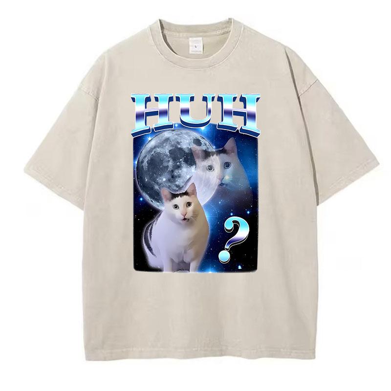 Cat Saying Huh Harajuku T Shirt Vintage Washed Cotton T-Shirt Graphic Tee Casual Streetwear Spring Summer Fall