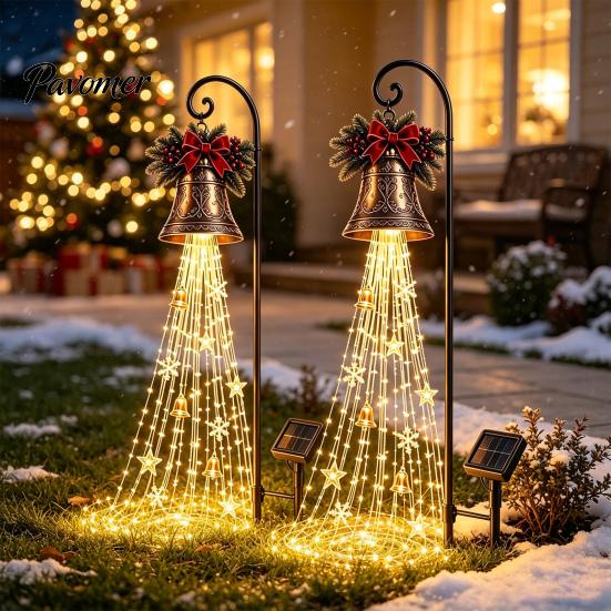 Solar Powered Garden Lights Christmas Light, Outdoor Metal Stake Automatic Charging Patio Star Snowflake Waterfall String Lamp, Holiday Yard