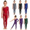 Mädchen Eiskunstlauf Gymnastik Jumpsuit Asymmetrisches Design Verdeckter Reißverschluss am Rücken Netz-Patchwork Funkelnde Strasssteine Bodysuit für Wettkampf