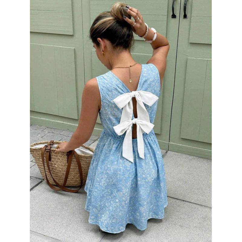 European and American 2026 casual polka dot print bow decorative vacation beach sleeveless dress XS