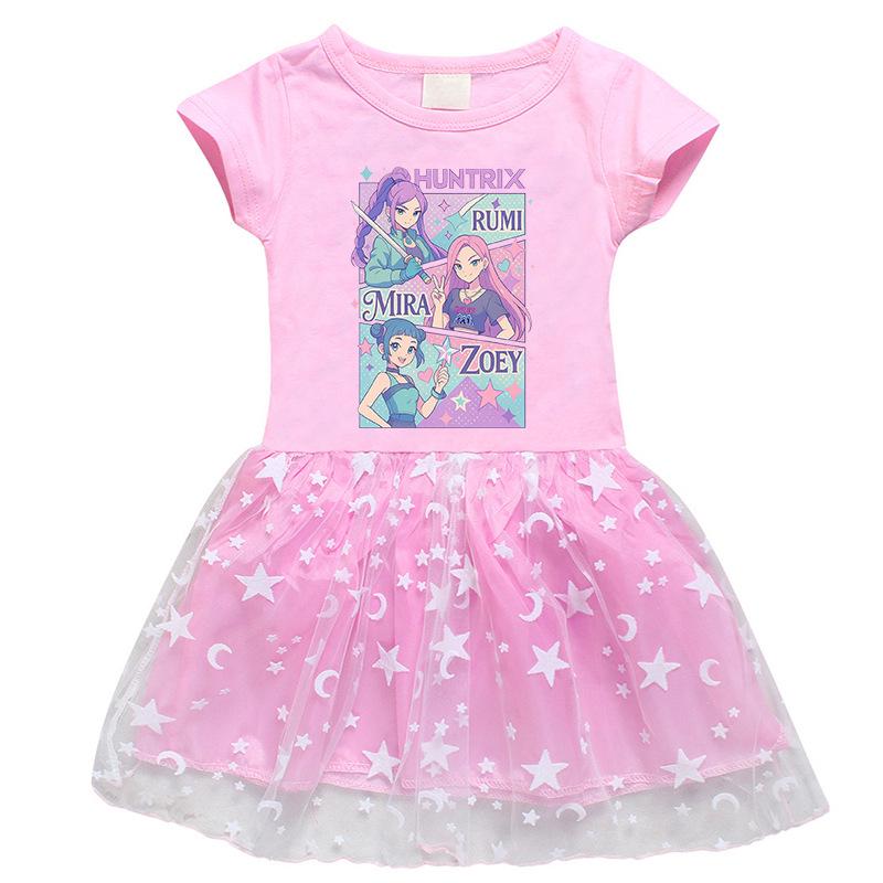 Korean Style Kpop Demon Slayer Mesh Princess Dress for Girls - Short/Long Sleeve Options