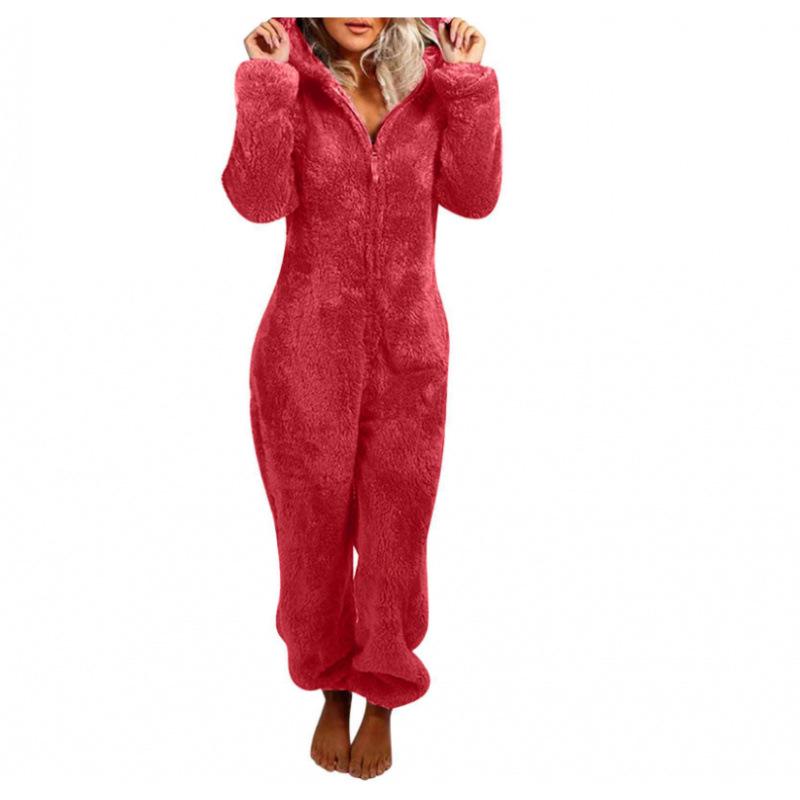 2024 Trendy EU & US Fall/Winter Fleece-Lined Thick Hooded Jumpsuit Pajamas for Women