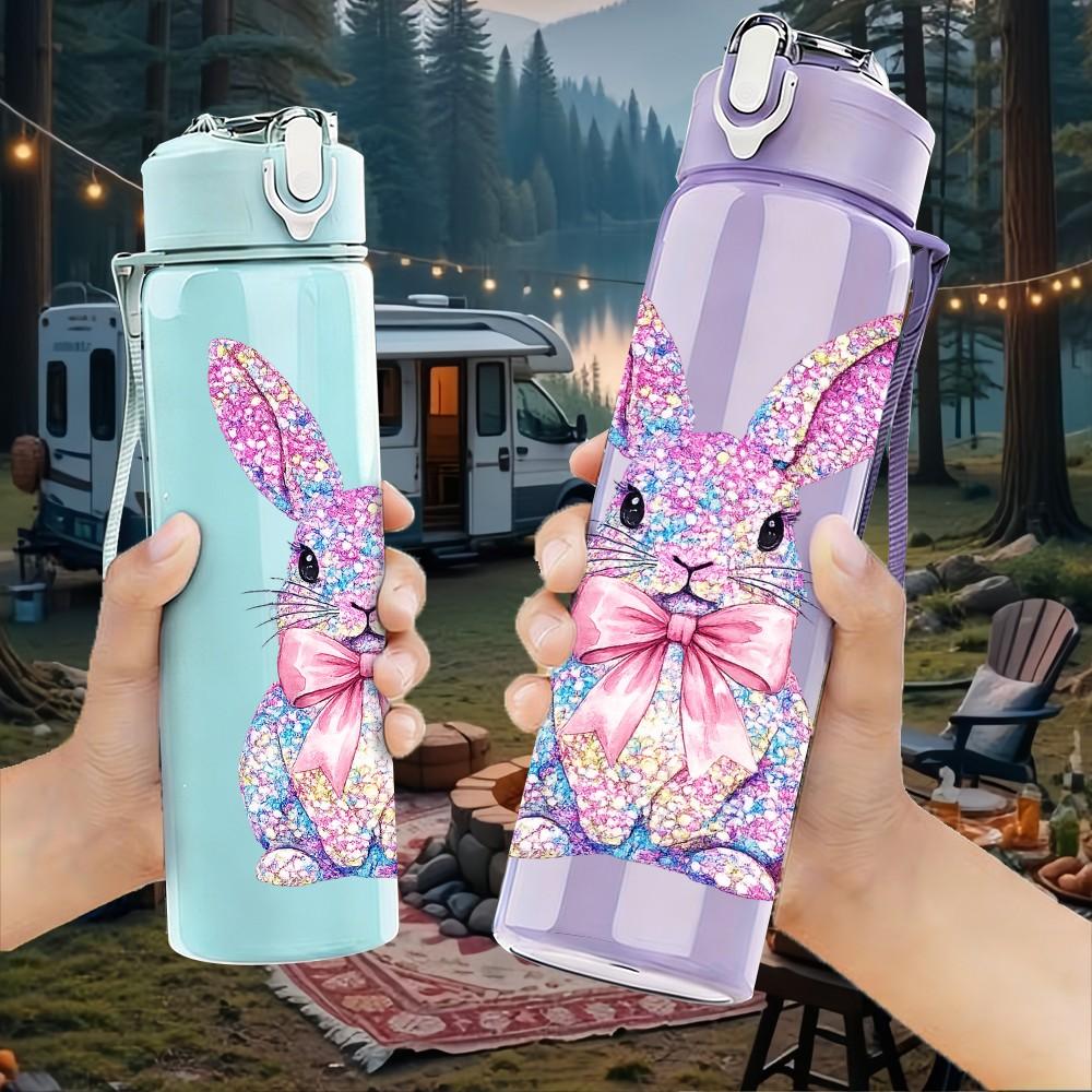 1PC Soft Pink Floral Bunny Rabbit Print 750ml Color Plastic Sports Water Bottle Leakproof Flip Straw Lid Suitable for Sports Office Home Use