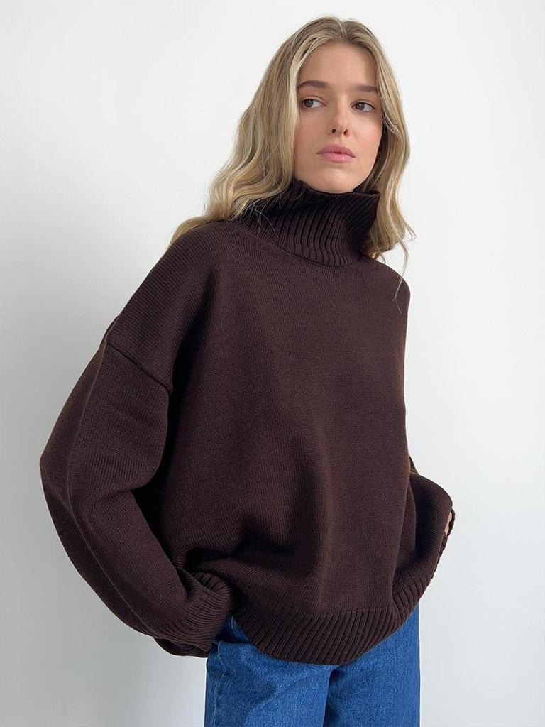 2025 European & American High Neck Casual Solid Color Knit Sweater - Autumn/Winter Versatile