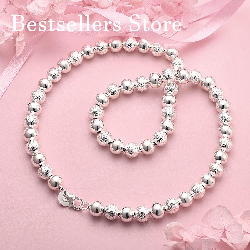 925 Sterling Silver Delicate Frosted Beaded Necklace for Women, Fashionable Party Gift, Wedding Jewelry