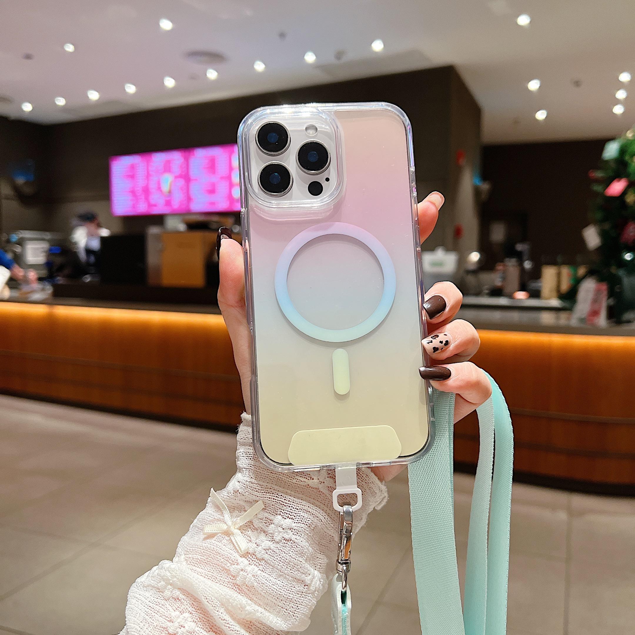 

Crossbody Necklace Lanyard Gradient Rainbow Laser For Magsafe Magnetic Case For iPhone 16 15 14 Plus 13 12 11 Pro Max Cover For iPhone 16 Pro