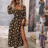 2024 Spring European & American Women's Long-Sleeve Square Neck Printed Slit Dress